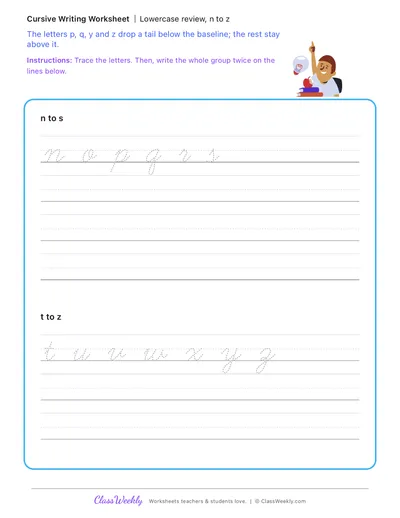 Lowercase review, n to z