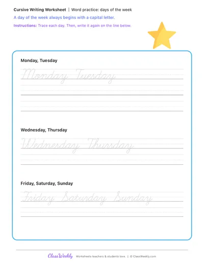 Word practice: days of the week