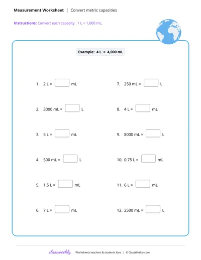 Free 5th Grade Math: Convert metric capacities Worksheet | ClassWeekly