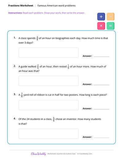 Fraction Word Problems - Famous Americans