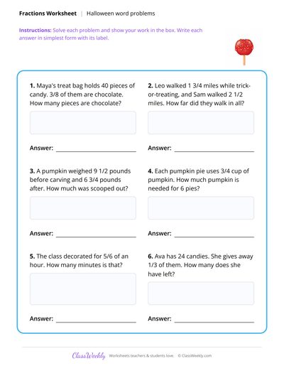 Fraction Word Problems - Halloween