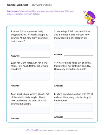 Fraction Word Problems - Human Body
