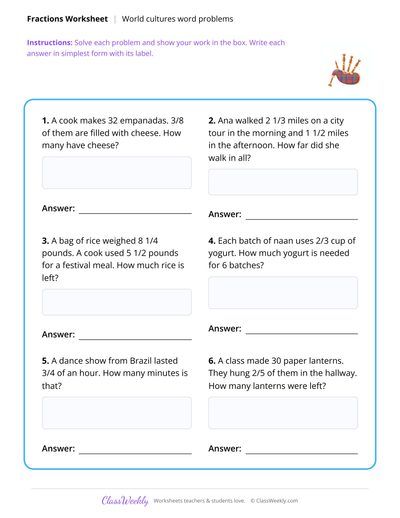 Fraction Word Problems - Diversity & World Cultures