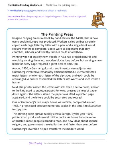 The Printing Press (Nonfiction Passage)