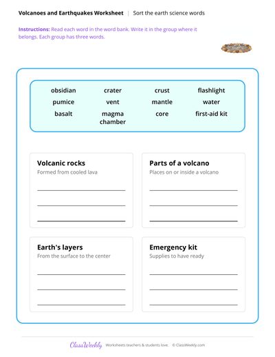 Sort the Earth Science Words - Volcanoes & Earthquakes