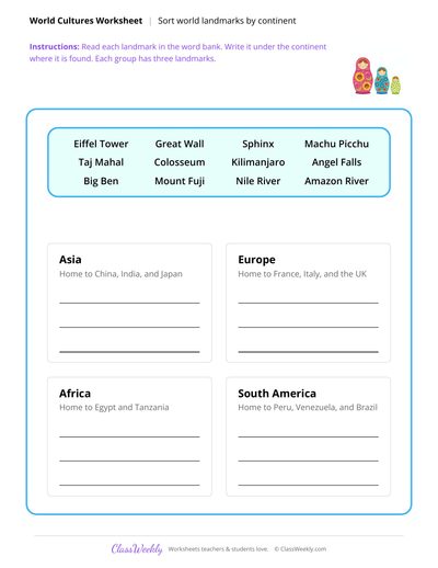Sort World Landmarks by Continent - Diversity & World Cultures