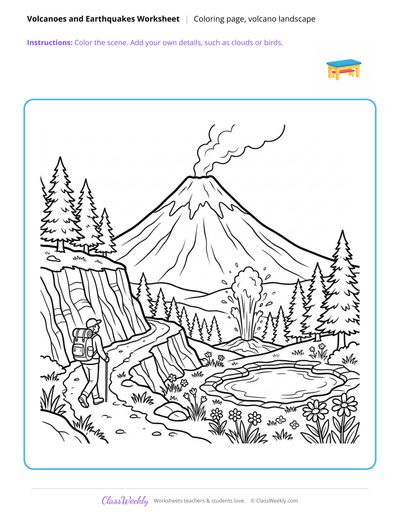 Volcano Landscape Coloring Page - Volcanoes & Earthquakes