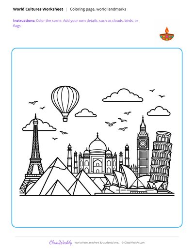 World Landmarks Coloring Page - Diversity & World Cultures