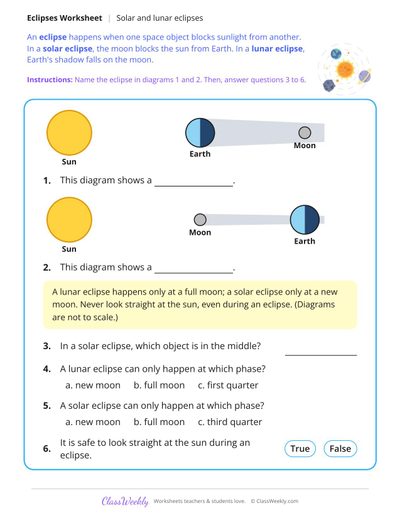 Solar and Lunar Eclipses - Free 5th Grade Science Worksheet