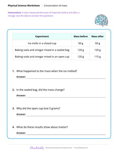 Conservation of mass - Free 5th Grade Science Worksheet
