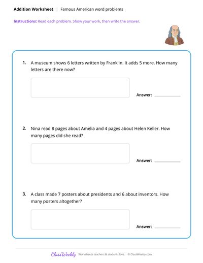 Addition Word Problems - Famous Americans