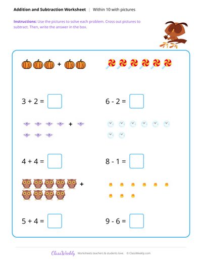 Add and Subtract Within 10 - Halloween