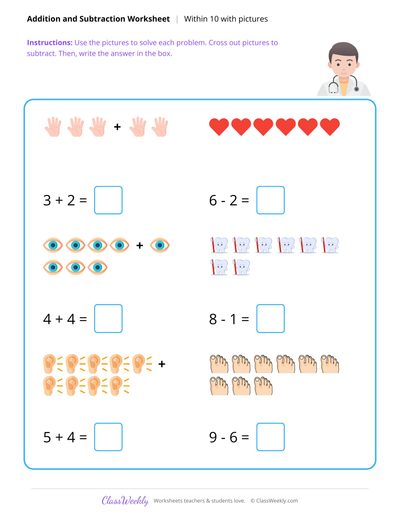 Add and Subtract Within 10 - Human Body
