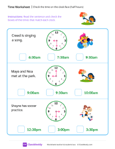 Check the time on the clock face (half hours)