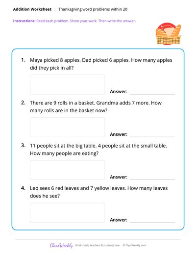 Addition, word problems - Thanksgiving Worksheet