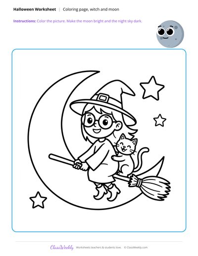 Witch and Moon Coloring Page - Halloween