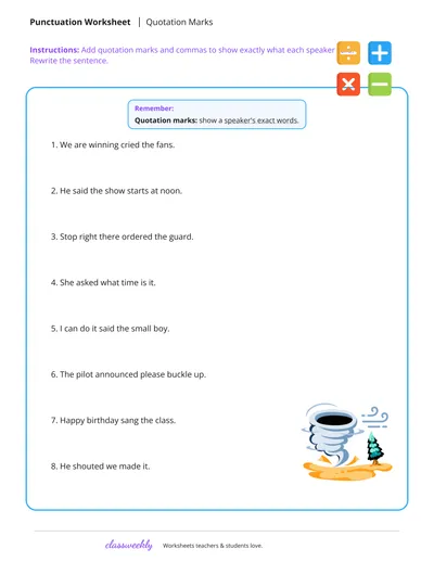 Free 4th Grade Quotation Marks Worksheets (5 versions)