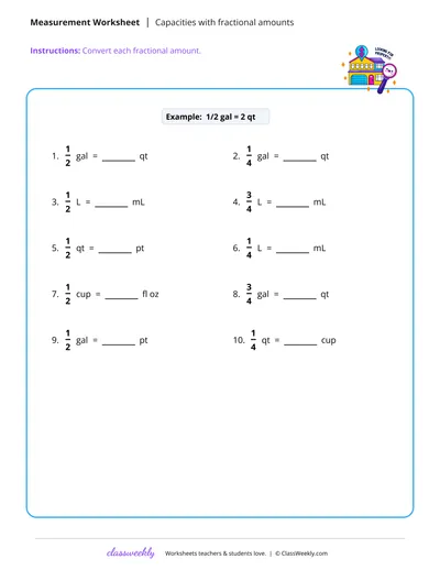Capacities with fractional amounts - Free 4th Grade Math Worksheet ...
