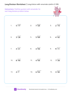 Long division with remainders (within 0-100)