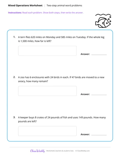 Mixed Operations - Two-Step Animal Word Problems