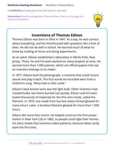 Inventions of Thomas Edison (Nonfiction Passage)