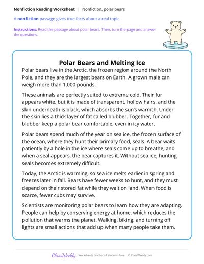 Polar Bears and Melting Ice (Nonfiction Passage)