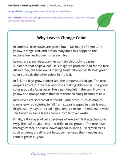 Why Leaves Change Color (Nonfiction Passage)