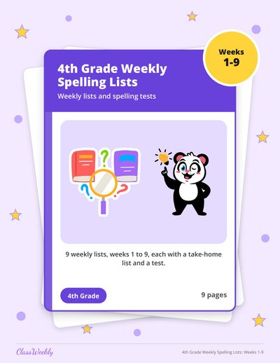 4th Grade Weekly Spelling Lists: Weeks 1-9