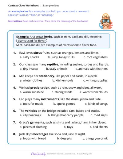 Example Context Clues - Free 4th Grade Vocabulary Worksheet