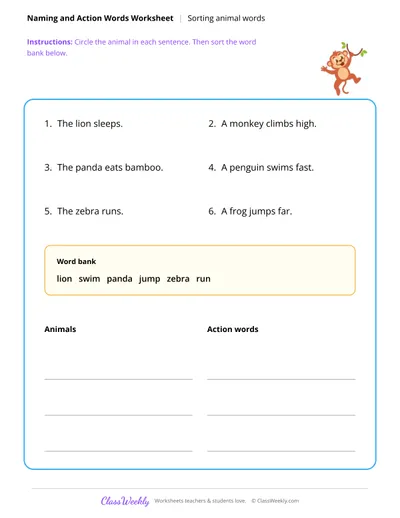 Naming and Action Words - Sorting Animal Words