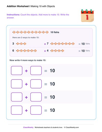 Free Kindergarten Math: Making 10 with Objects Worksheet | ClassWeekly