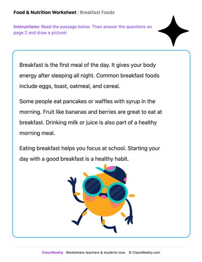 Breakfast Foods - Draw & Write Worksheet - Free Kindergarten Reading ...