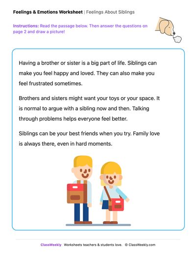 Free Kindergarten Reading: Feelings About Siblings - Draw & Write ...