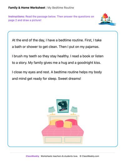 Free Kindergarten Reading: My Bedtime Routine - Draw & Write Worksheet ...