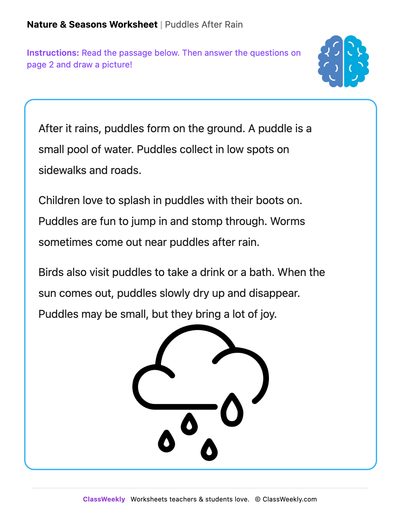 Free Kindergarten Reading: Puddles After Rain - Draw & Write Worksheet ...
