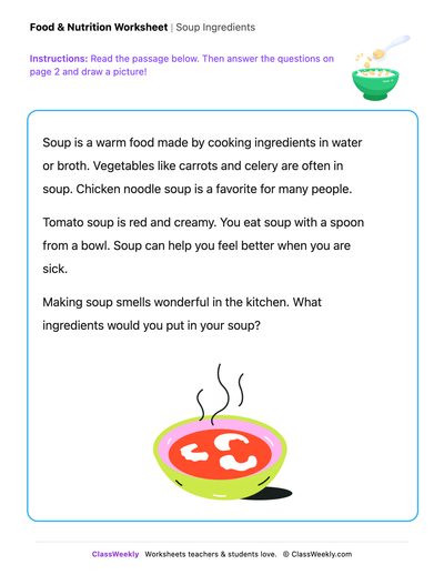 Soup Ingredients - Draw & Write Worksheet - Free Kindergarten Reading ...