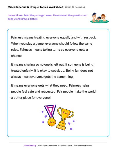 Free Kindergarten Reading: What Is Fairness - Draw & Write Worksheet ...