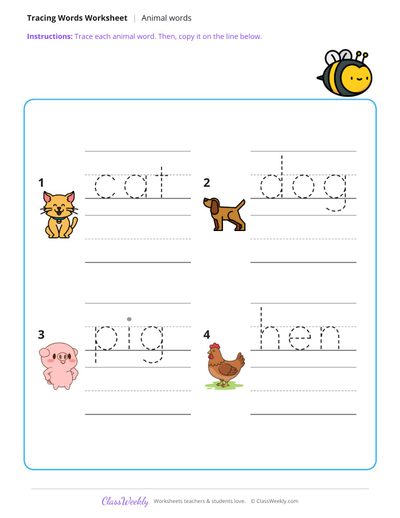 Trace and Write Animal Words