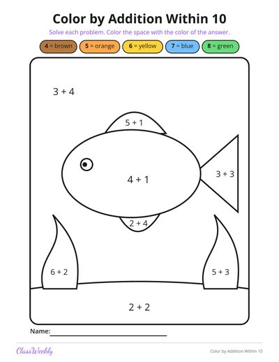 Color by Addition Within 10 (Kindergarten)