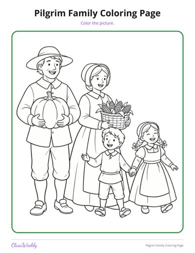 Pilgrim Family Coloring Page (Pre-K-2)