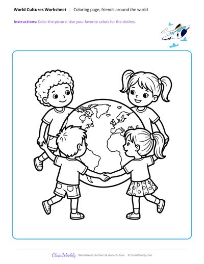 Friends Around the World Coloring Page - Diversity & World Cultures
