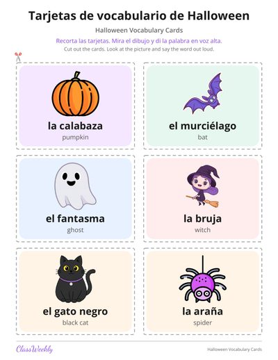 Spanish Halloween Vocabulary Cards (Tarjetas de vocabulario)