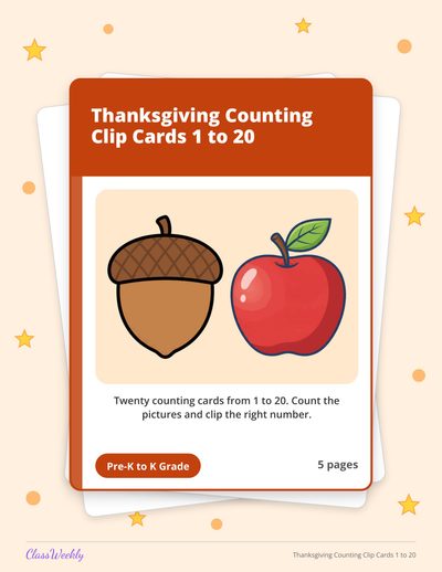 Thanksgiving Counting Clip Cards 1 to 20