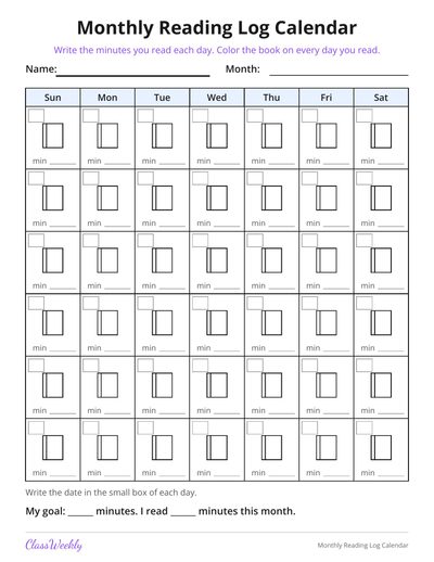 Monthly Reading Log Calendar (K-5)