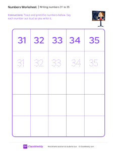Writing numbers 31 to 35 - Teacher - Free Kindergarten Math Worksheet ...