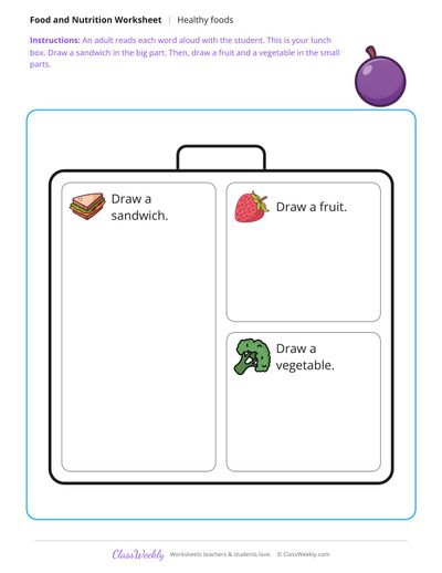 Draw a healthy lunch - Lunch box - Free Preschool Worksheet