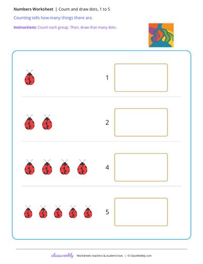 Count and draw dots, 1 to 5