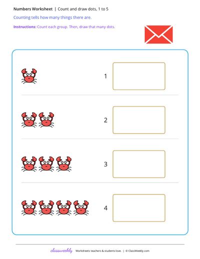 Count and draw dots, 1 to 5