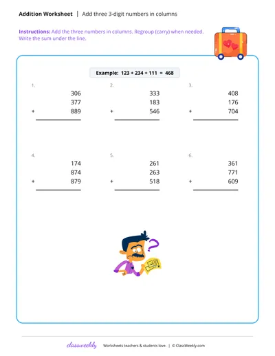 Add three 3-digit numbers in columns - Free 2nd Grade Math Worksheet
