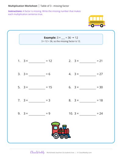 Table of 3 - missing factor - Free 2nd Grade Math Worksheet